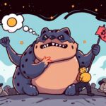 A glowing monolith symbolizing a meme coin's dominance, fueled by light particles from a network representing a community rally.