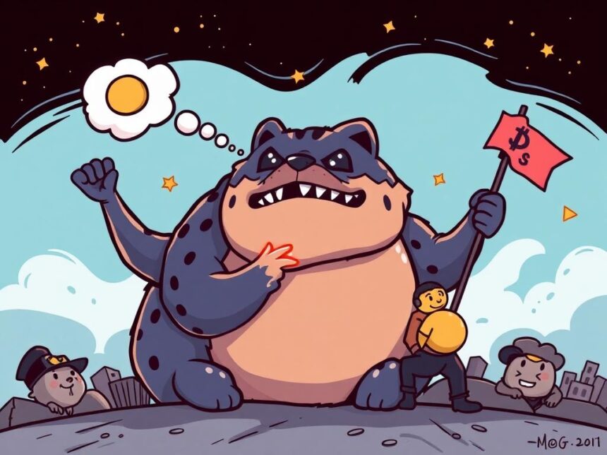 A glowing monolith symbolizing a meme coin's dominance, fueled by light particles from a network representing a community rally.