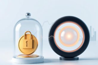 Protected coin under glass and linked token ring, symbolizing CoreDAO BTC+CORE dual staking, ~5% APY and no-BTC-risk claim.