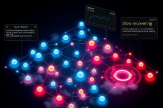 Visualization of the Qubic decentralized network under stress test, with nodes in green, yellow, and red showing stability, quick adaptation, and slow recovery.