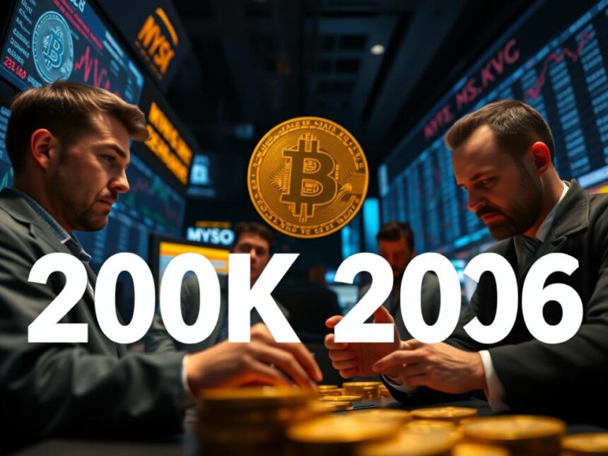 Graphic illustrating Bitcoin (BTC) price speculation, high expectations, and the $200K year-end prediction, contrasting with market realities and investment risks.