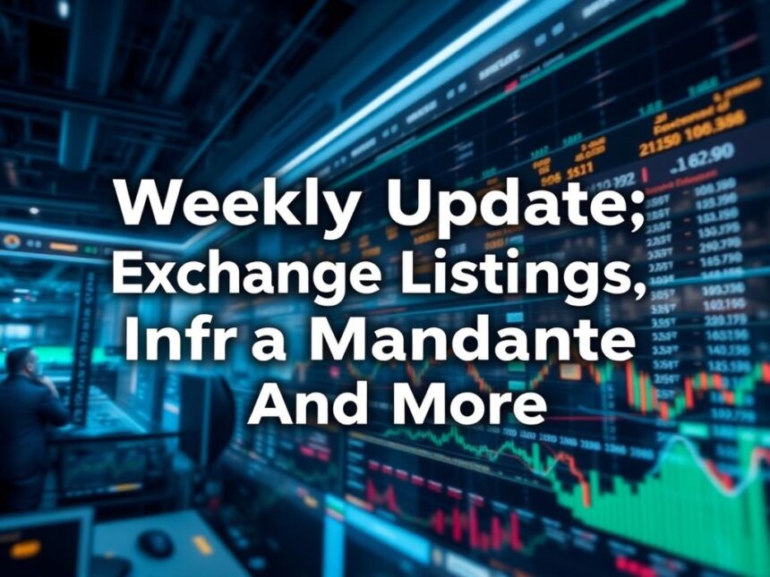 Weekly Update announcement banner highlighting exchange listings, infrastructure mandate updates, and additional product news