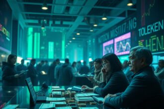 Illustration of U.S. 401(k) retirement plans opening to cryptocurrency: a folder labeled '401(k)' with Bitcoin and Ethereum coins, U.S. flag, and blockchain network, symbolizing $12 trillion in retirement assets moving onchain.