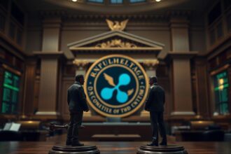 Illustration of Ripple vs. SEC resolution with XRP coin and regulatory icons; key XRP ruling stands after the legal battle ends.