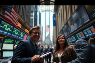Image depicting Wall Street, possibly the Charging Bull statue or a bustling financial district skyline, symbolizing significant stock market gains and a successful winning week for investors.