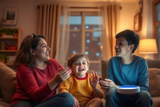 Child using 'Speak' mode on a tablet, interacting with an AI voice assistant for imaginative storytelling and creative learning at home.