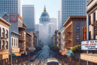 San Francisco downtown street scene highlighting visible urban decay and the severe impact of the homelessness crisis, with implications for local tax policies.