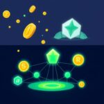 Illustration of the Radix Rewards airdrop with light streams flowing from a blockchain foundation to a network of dApp nodes.