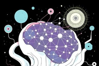Abstract illustration of a glowing neural-symbolic AGI core with LLM plug-ins. A broken graph symbolizes the limits of scaling.