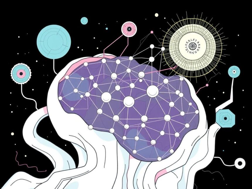 Abstract illustration of a glowing neural-symbolic AGI core with LLM plug-ins. A broken graph symbolizes the limits of scaling.