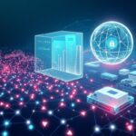 AI agent swarms simulate industries for a decentralized agent economy; holographic panels for healthcare and manufacturing.